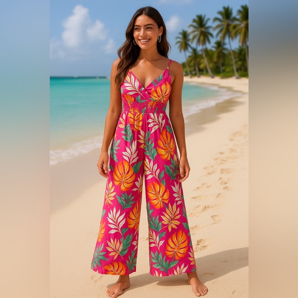 NWT SHEIN Pink and Yellow Palm Leaf Patterned Smocked Jumpsuit SAMPLE Size Small